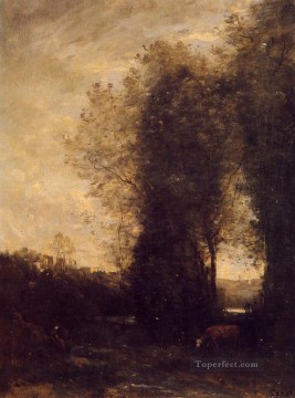 Jean Baptiste Camille Corot Painting - La vaca y su cuidador romanticismo al aire libre Jean Baptiste Camille Corot
